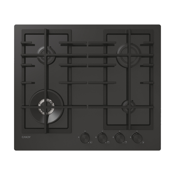 Plita incorporabila pe gaz Candy CVFG6BF4PB, 4 arzatoare, 60 cm, arzator dublu inel (tip Wok), gratare fonta, suprafata de baza - sticla, neagra