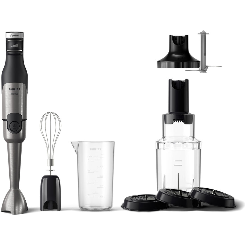 Mixer vertical Philips HR2684/00 Seria 5000, 1200 W, Tehnologie SpeedTouch, Aparatoare impotriva stropirii pentru lama, Indicator de viteza cu LED, Accesorii tel, tocator XL si spiralizator, negru/argintiu