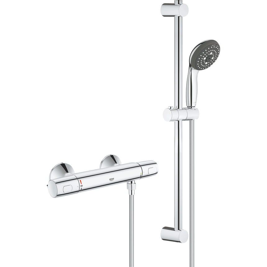 Set baterie dus cu termostat Grohe Trend 10, 1/2'', para dus inclusa, tija reglabila, 3 functii, ShockProof, anti-calcar, Crom