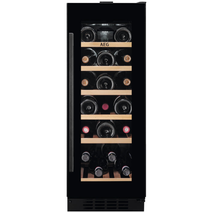 Racitor de vinuri incorporabil AEG AWUS020B5B, 58 l, 20 sticle, Control electronic, Rafturi lemn, Usa reversibila, Clasa G, H 82 cm, Negru