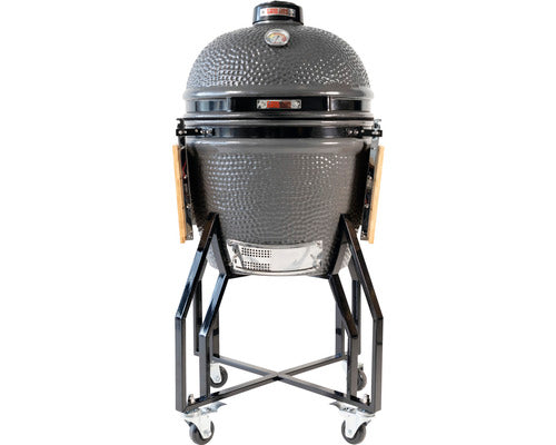 Gratar Cu Carbuni Grill Guru Kamado Original L Ceramica Ø 46 Cm Gri cu Suport Mobil, 2 Mese Laterale Pliante Din Bambus, Termometru In Capac