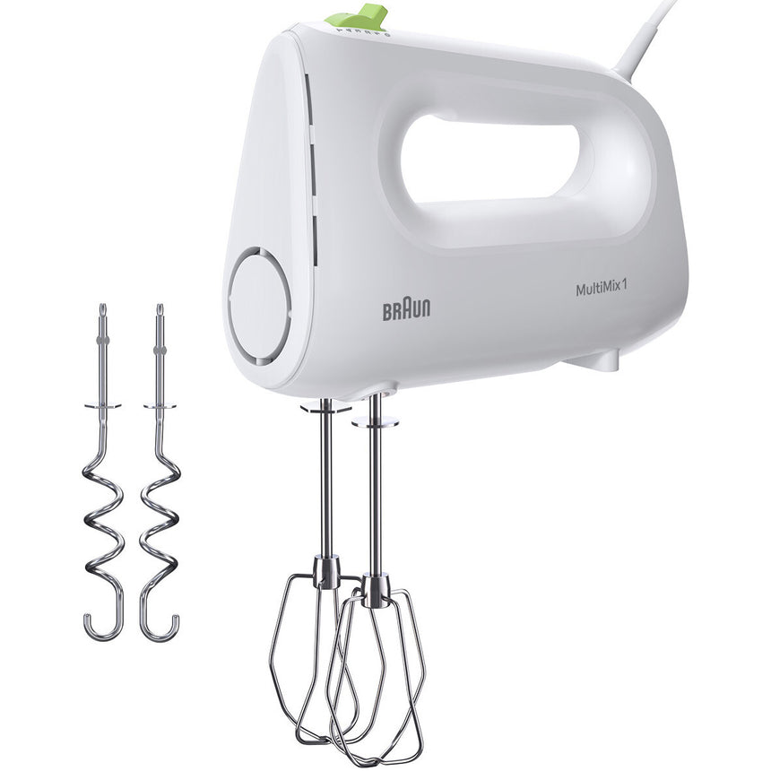 Mixer de mana Braun MultiMix HM1110WH 0X22211060, 450 W, 4 viteze + Turbo, Tehnologie FastMix, 2 teluri, 2 carlige pentru aluat, Alb