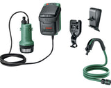 Pompa de apa pluviala pe acumulator Bosch GardenPump 06008C4203, 18 V, 33.3 l/min debit maxim, 2.5 m lungime furtun conectare, 1.8 m adancime maxima rezervor, 30 min timp functionare maxim, fara acumulator/incarcator