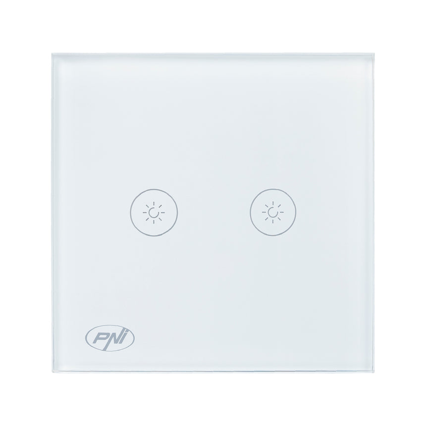Intrerupator dublu cu touch si dimmer PNI SafeHome DIM202, 2X700W, Live Wire, fara nul, sticla, Alb