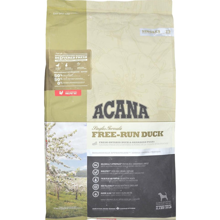 Hrana uscata pentru caini Acana Singles, Rata & Pere, Digestie sensibila, 11.4 kg