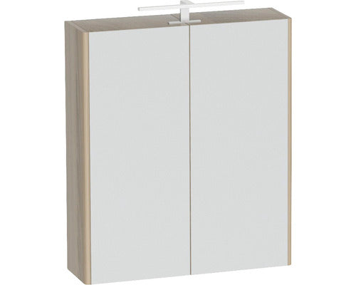 Dulap baie cu oglinda Cubo si iluminare LED, 2 usi, PAL, 70x65 cm decor Sonoma