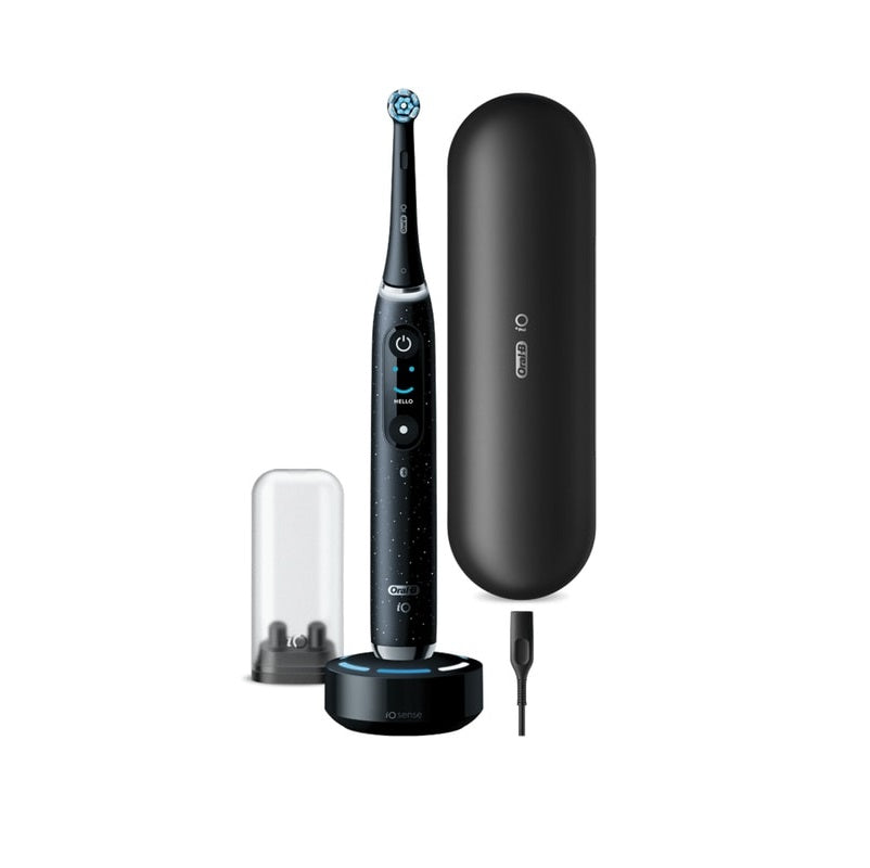 Periuta de dinti electrica Oral-B iO10 cu incarcator iOSense, Tehnologie Magnetica si Micro-Vibratii, Inteligenta artificiala, Display led, Senzor de presiune Smart, 7 moduri, 1 capat, Suport rezerve, Trusa de calatorie cu incarcator, Negru