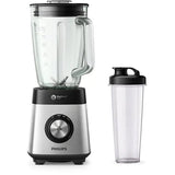 Blender Philips Whale, 1000 W, Carcasa din metal, Viteza variabila si impuls, Vas sticla 2 L, Accesoriu sticla on-the-go, Negru/Argintiu