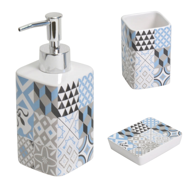 Set dozator, pahar si savoniera, Frandis, ceramica, alb/albastru/negru, model Carreaux