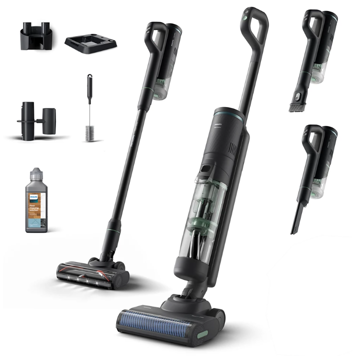 Aspirator vertical 3-in-1 Philips AQUA TRIO seria 7000 XW7263/11, tehnologie Aqua Spin 2500, perie rotativa ce se curata singura in timpul utilizarii, tavita pentru auto-curatare, cap de aspirare pentru tapiterie si spatii inguste, detergent podele