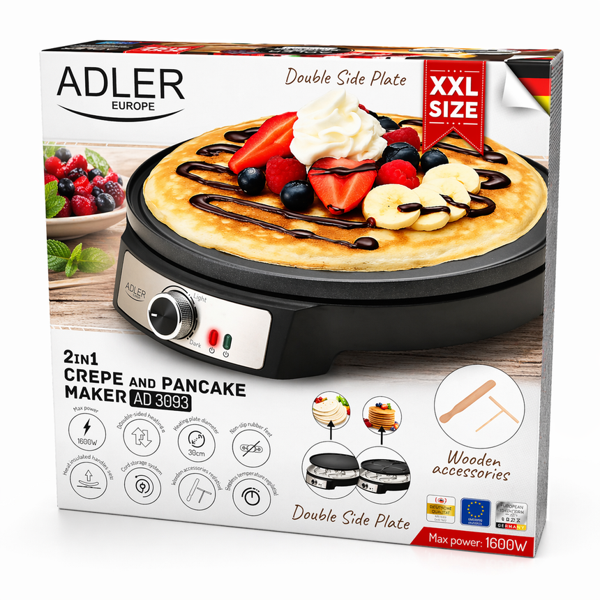 Aparat Clătite Electric Adler AD3093, 1600W, 30 cm, Suprafață Antiaderentă, Temperatură Reglabilă – Ideal pentru Pancakes, Negru-Argintiu