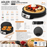 Aparat Clătite Electric Adler AD3093, 1600W, 30 cm, Suprafață Antiaderentă, Temperatură Reglabilă – Ideal pentru Pancakes, Negru-Argintiu