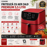 Friteuză fără Ulei Cosori 5.5L, 1700W, 11 Programe, Ecran Digital, Accesorii Grătar si Frigărui, Roșu