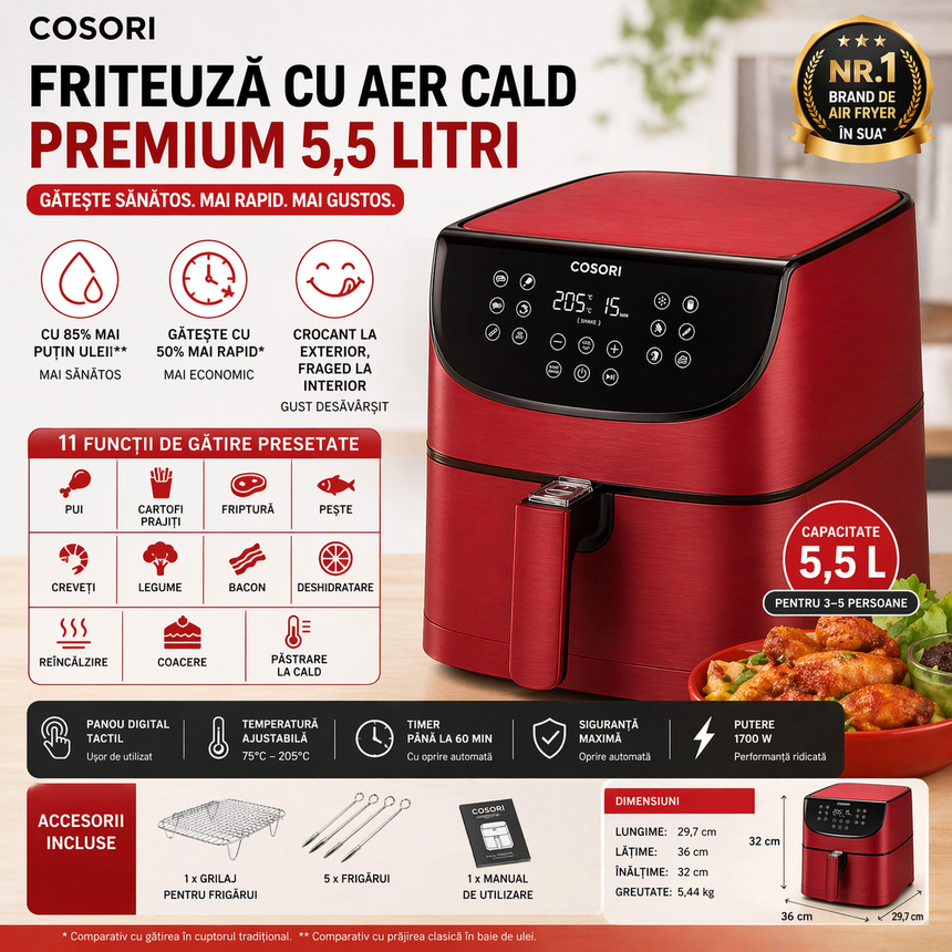 Friteuză fără Ulei Cosori 5.5L, 1700W, 11 Programe, Ecran Digital, Accesorii Grătar si Frigărui, Roșu