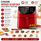 Friteuză fără Ulei Cosori 5.5L, 1700W, 11 Programe, Ecran Digital, Accesorii Grătar si Frigărui, Roșu
