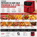 Friteuză fără Ulei Cosori 5.5L, 1700W, 11 Programe, Ecran Digital, Accesorii Grătar si Frigărui, Roșu