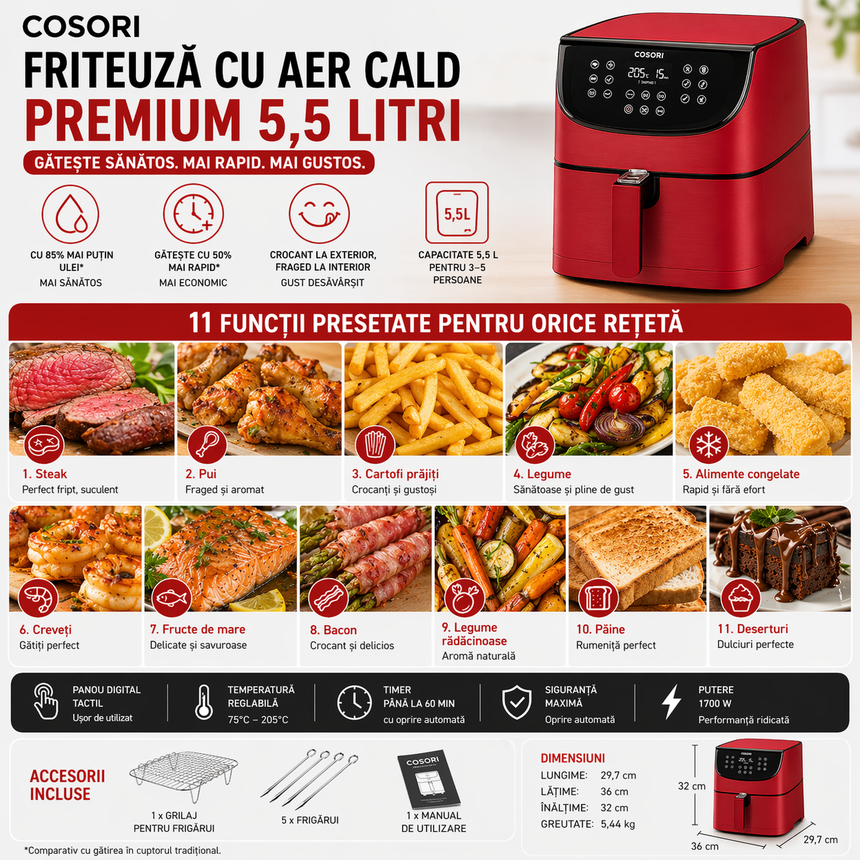 Friteuză fără Ulei Cosori 5.5L, 1700W, 11 Programe, Ecran Digital, Accesorii Grătar si Frigărui, Roșu