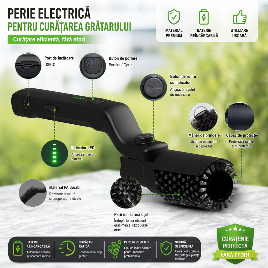 Perie Electrică Grill BBQ Reîncărcabilă, Curățare Rapidă 360°, Fără Fir, Cap Reglabil, Negru