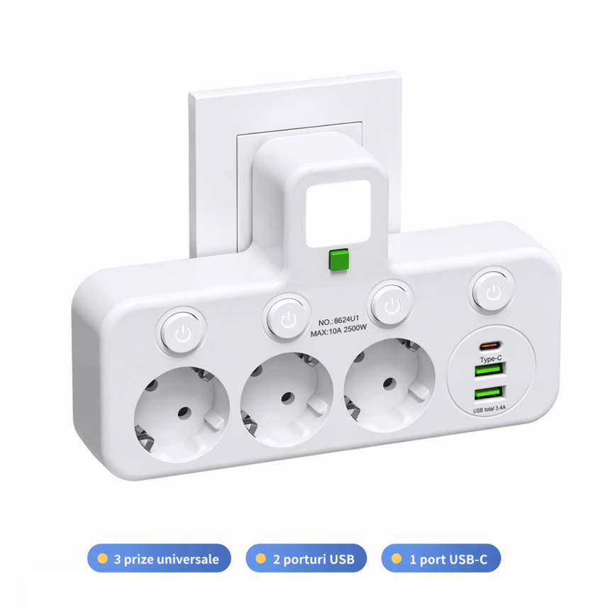 Priza Multipla cu USB, AC/EU, Fara Cablu, Intrerupator Individual, Alb
