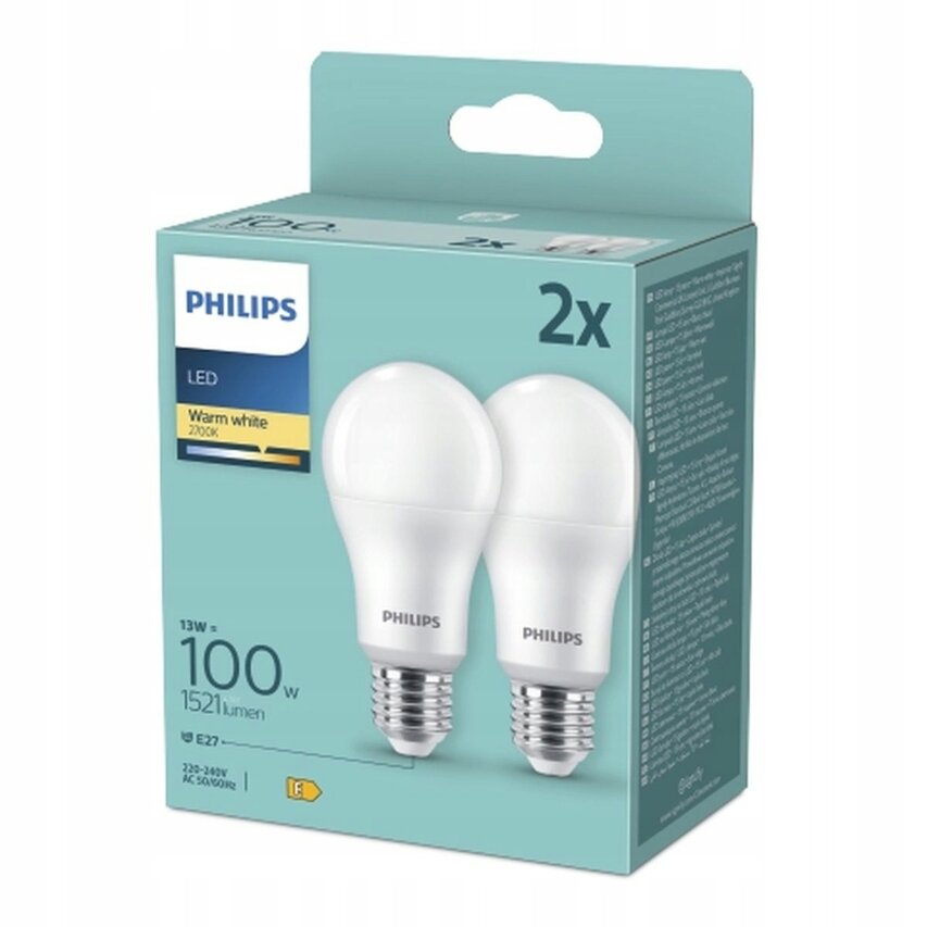 Pachet 2 becuri LED Philips A67, E27, 13W (100W), 1521 lm, lumina alba calda (2700K), Clasa energetica E