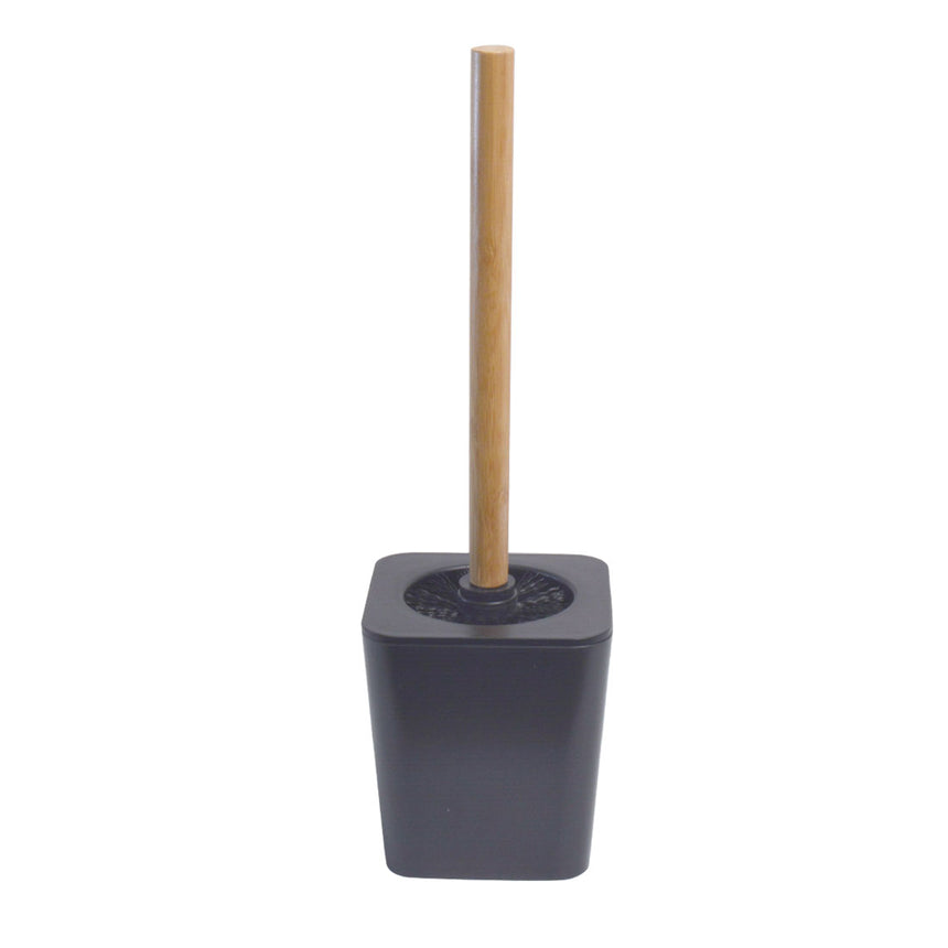 Suport si perie wc, Frandis, plastic/bambus, 11.5 x 11.5 x 39 cm, negru
