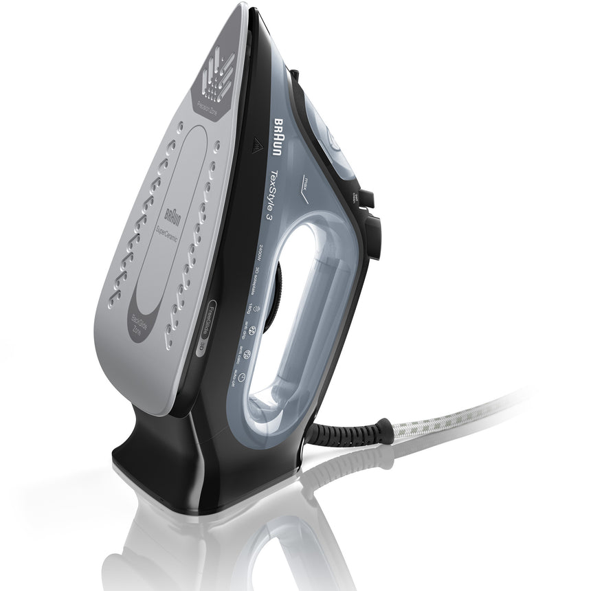 Fier de calcat Braun TexStyle 3 SI3055BK, 2400W, jet de abur 180g/min, abur variabil 0-45g/min, talpa SuperCeramic, rezervor 270 ml, tehnologie FreeGlide, oprire automata, sistem antipicurare, negru
