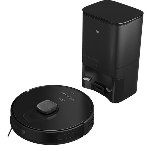 Aspirator robot cu mop BEKO RoboSmart VRR94314VB, 0.4l, 14.4V, autonomie max 250 min, statie auto-golire 4L, control Wi-Fi, navigare LDS cu 5 harti, pentru curatenie completa fara efort, negru