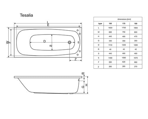 Cada de Baie Rectangulara Radaway Tesalia, 170x75x46 cm, Acril, WA1-06-170x075U, Alb