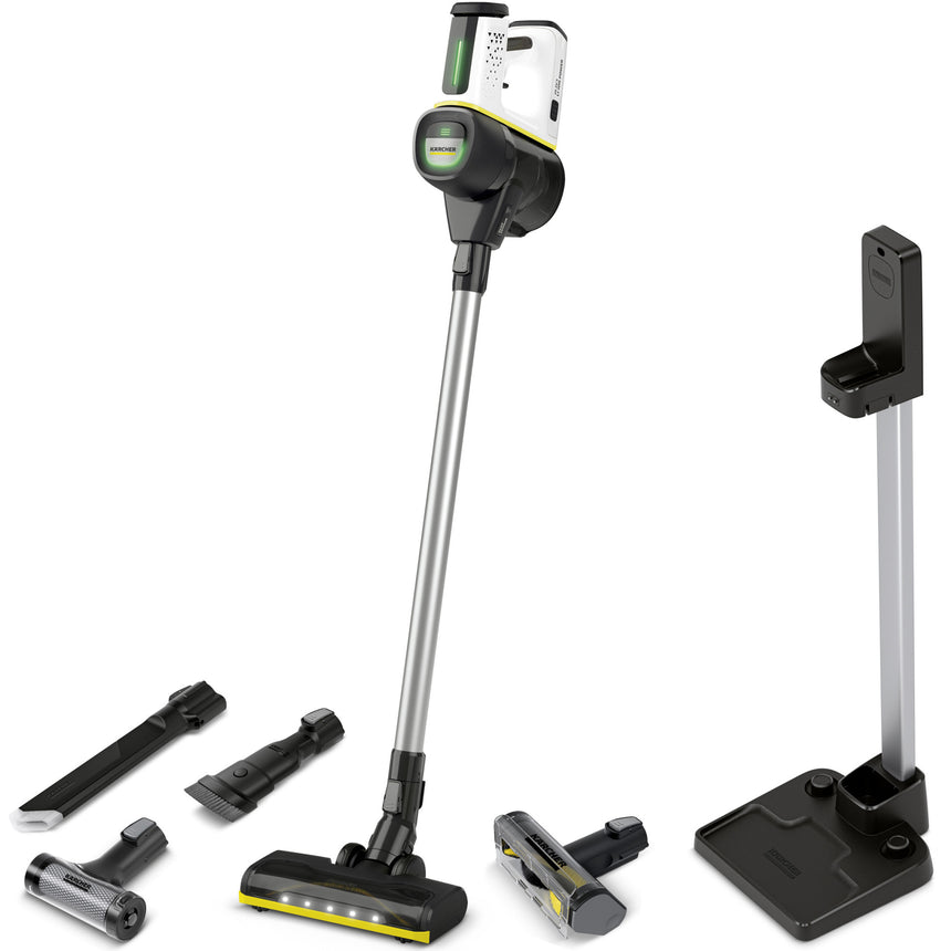 Aspirator vertical Karcher VC 7 Cordless MyHome Extra, 1.198-714.0, 350 W, 2 trepte de viteza, 25,2 V, 2,5 Ah, 800 ml, autonomie 60 min (max), filtru HEPA 12, include perie turbo mini, LED-duza pentru spatii inguste, duza de mobila 2 in 1, Alb/Negru