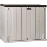 Dulap depozitare pentru gradina Stora Way Plus XL Toomax, 145x85 cm, inaltime 124.5 cm, volum 1270 litri, plastic rezistent la radiatiile UV, gri-deschis/maro