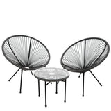 Set mobilier terasa, 2 scaune rotunde si masa cu blat de sticla, metal si ratan artificial, gri, 85x71x85 cm (scaun) 50x44 (masa)