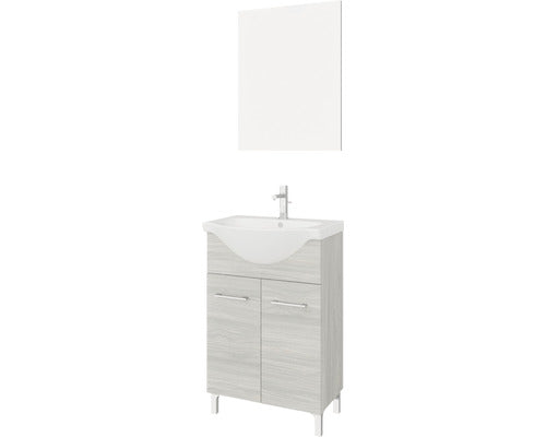 Set Mobilier Baie, Woody 55 cm, Include Baza Lavoar, Lavoar si Oglinda, Stejar Gri
