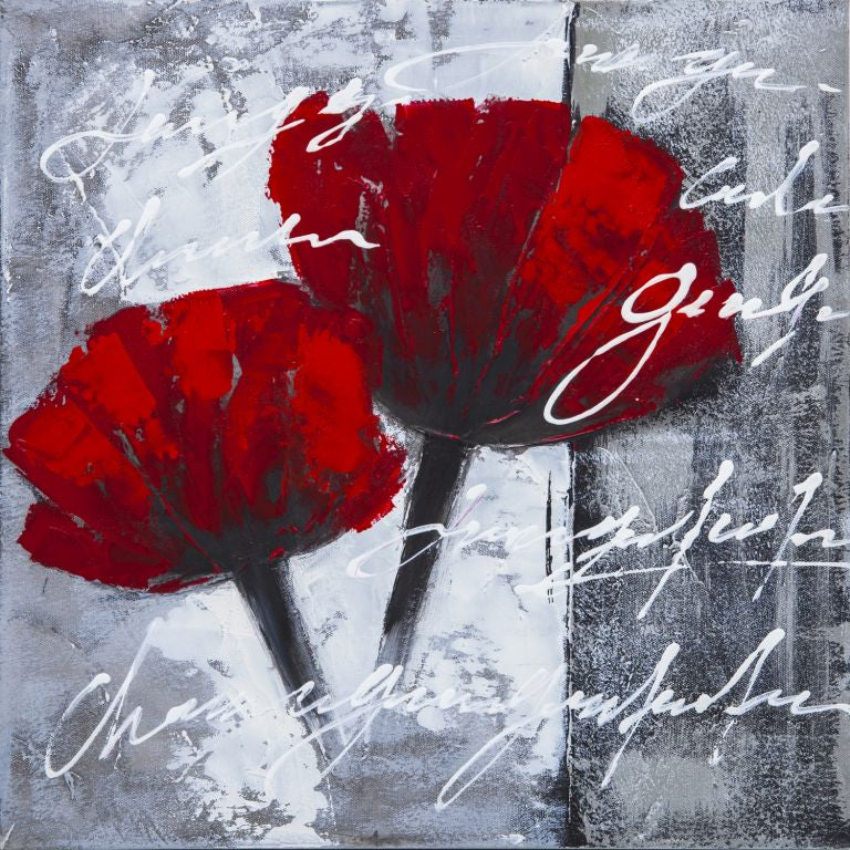 Tablou pictat manual Flori rosii, 40 x 40 cm