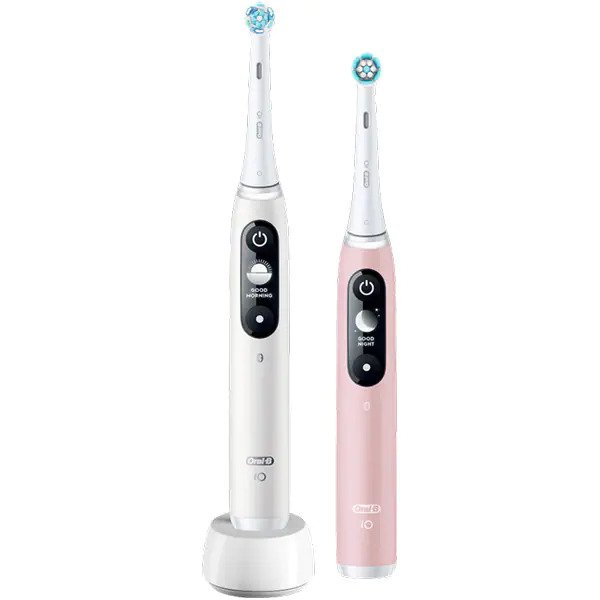 Set 2 x Periuta de dinti electrica Oral-B iO6 cu Tehnologie Magnetica si Micro-Vibratii, Inteligenta artificiala, Display led interactiv, Senzor de presiune Smart, Timer vizibil, 5 moduri, 1 incarcator, Alb/Roz