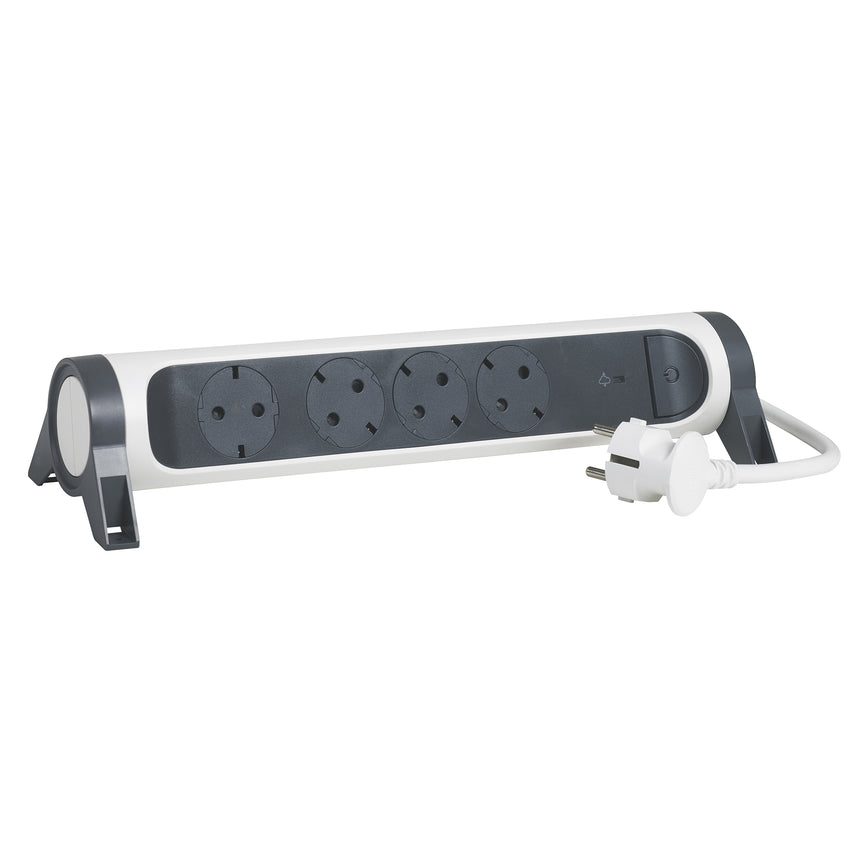 Prelungitor rotativ Legrand Revolution L694507, cu intrerupator iluminat, 4 prize, protectie supratensiune, indicator LED, sectiune cablu 3x1.5mm, cordon 1.5m, Alb/Negru