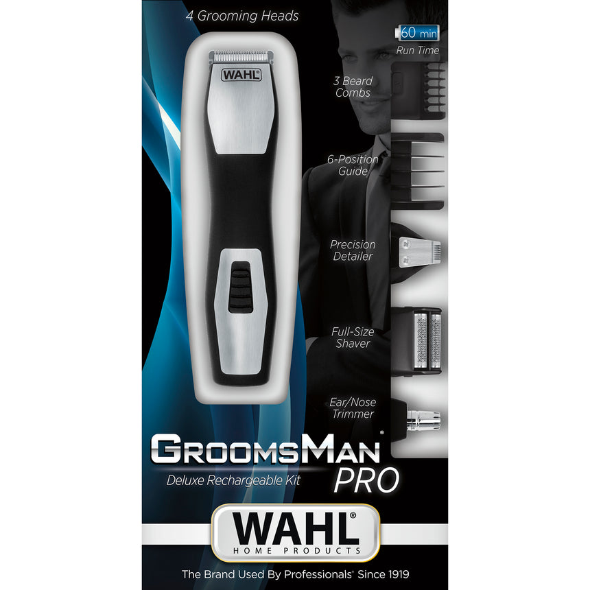 Aparat de tuns barba Wahl 09855-1216, GroomSman Pro, cu 6 pozitii, 3 nivele individuale de tuns, alimentare acumulator, 4 piepteni de ghidare, trimmer pentru precizie, autonomie 60 minute, negru-gri