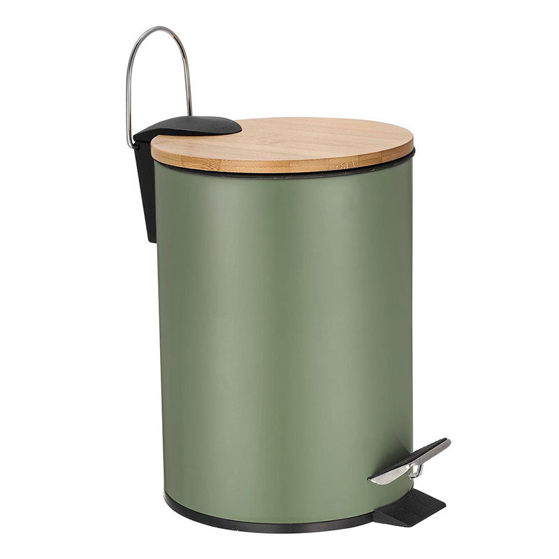 Cos metal de gunoi cu pedala, 3 litri, cu capac bambus natural, galeata detasabila, Frandis, verde maslin/natur P354363