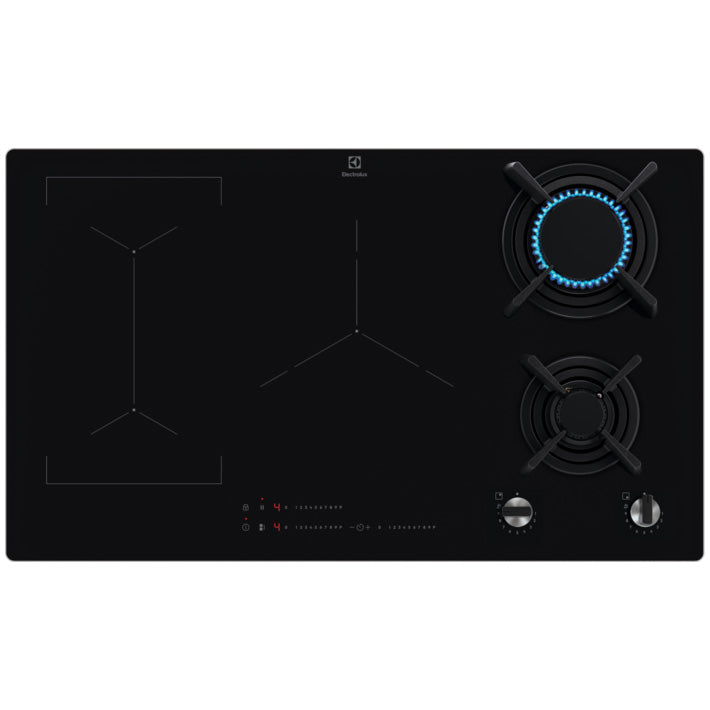 Plita incorporabila Electrolux KDI941723K, Mixta, 2 arzatoare gaz / 3 zone inductie, Aprindere electrica, Gratare Fonta, Timer Electronic, 90 cm, Negru