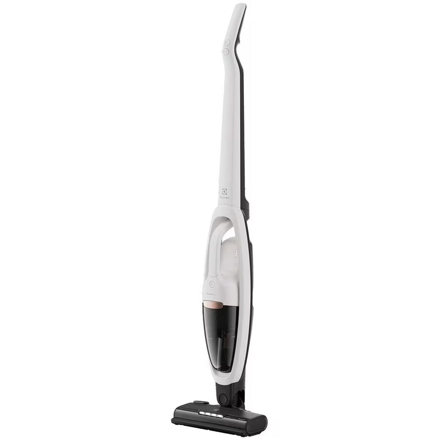 Aspirator vertical Electrolux Seria 500 ES52HB25SH, 25.2V, 2000 mAh, 3 trepte de putere, perie multisuprafete PowerPro cu lumina LED, perie BedPro+ cu lumina UV pentru tapiterie, duza cu peri fini pentru mobila, autonomie max 55 min, alb scoica