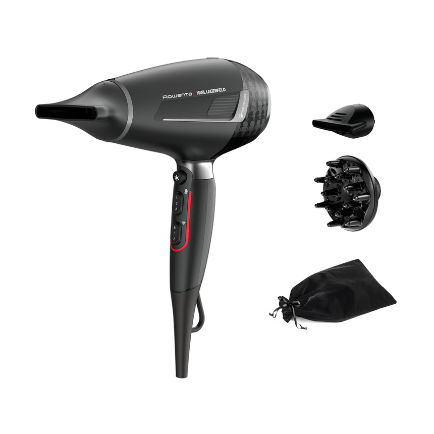 Uscator de par Rowenta x Karl Lagerfeld Pro Stylist CV888LF0, 2200W, Tehnologia Rowenta Air-to-Care, invelis Keratin&Glow, 3 accesorii, jet de aer rece, cablu 1.8m, negru&gri
