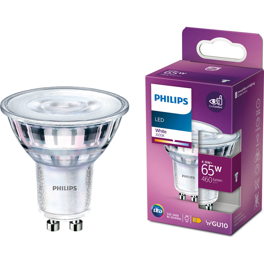 Bec LED spot Philips Classic, EyeComfort, GU10, 4.9W (65W), 460 lm, lumina calda (3000K), clasa energetica E