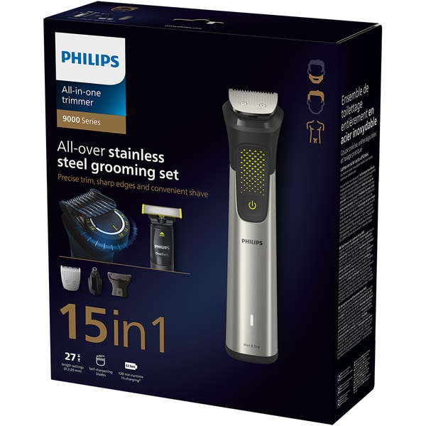 Aparat de Tuns Multifunctional 15 in 1 PHILIPS Multigroom Series 9000 MG9552/15, Acumulator, Autonomie 120 min, Gri Metalic