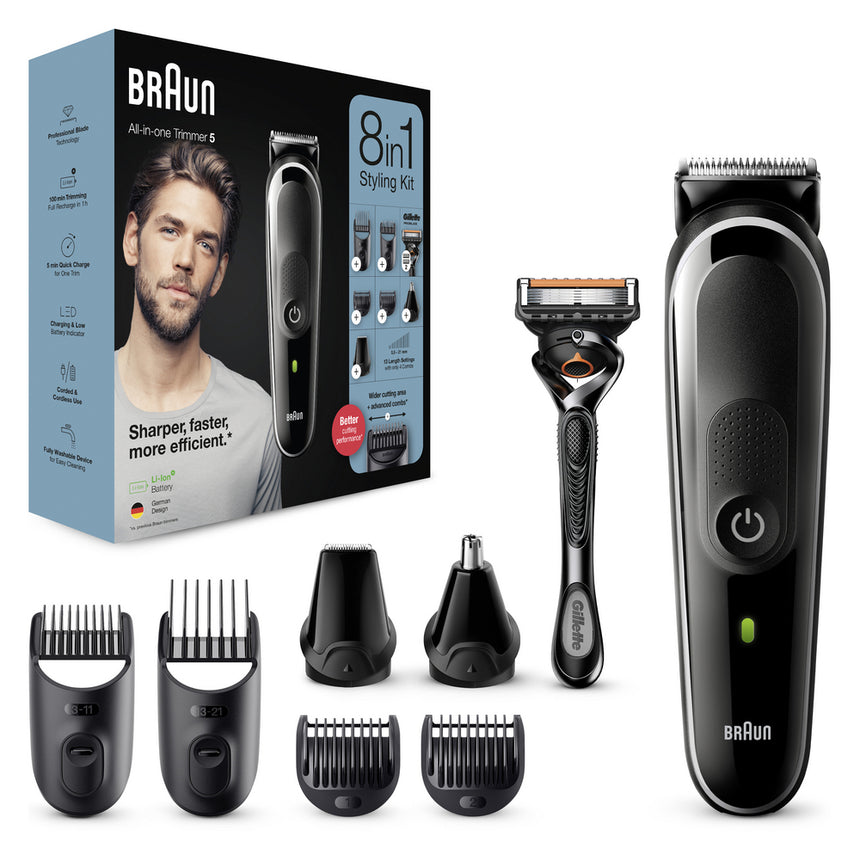 Aparat de tuns multifunctional Braun MGK5360 Wet&Dry, 13 de setari pentru lungime, 8 in 1, 4 piepteni, 2 accesorii extra, Aparat de ras Gillette, Saculet de voiaj, Negru/Argintiu