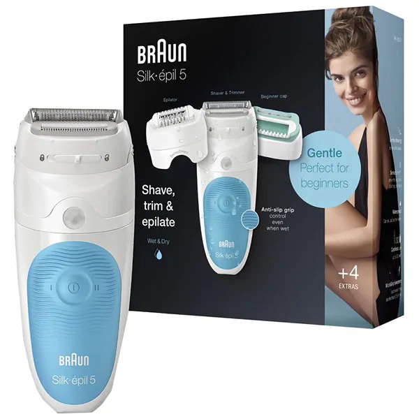 Epilator, Braun, SES5-610 Wet & Dry, 28 pensete, timp de functionare 30 minute, prindere anti-alunecare, 2 trepte de viteza, Alb/Albastru