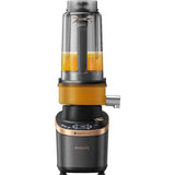 Blender Philips de mare viteza cu functie de stoarcere, tehnologie DUAL CHEF 1500 W, pahar de tritan de 2 l, corp din metal negru, 4 lame zimtate, setari de viteza variabila, presetare si functie impuls, ecran LED si buton, 2 pahare, antracit
