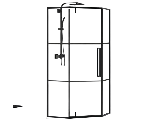 Paravan de dus pentagonal Belform Infinity 27CB2934, 1 usa batanta, geam 6mm, cu dungi negre, profil negru mat, 90x90x200 cm