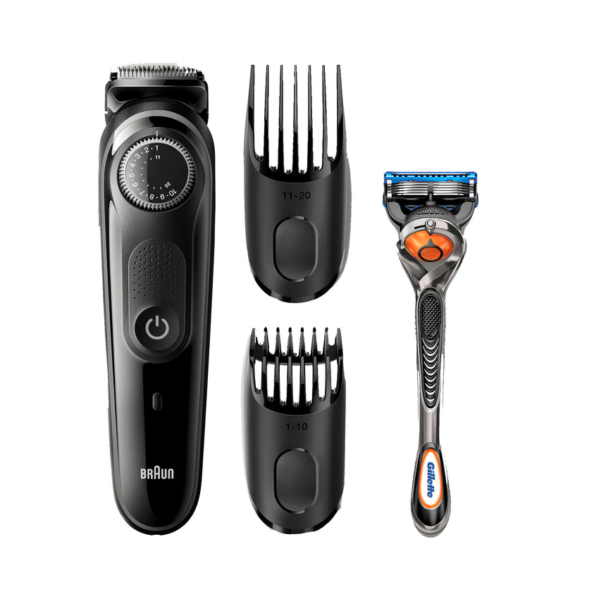 Aparat de tuns barba si parul Braun BT5042, Lame ascutite durabile, 39 setari de lungime, 2 piepteni, aparat de ras Gillette Flexball, Acumulator, Negru/Argintiu