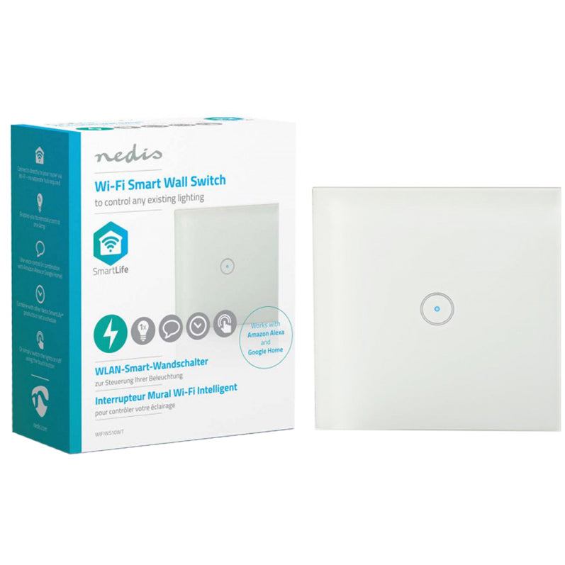 Intrerupator simplu inteligent Nedis, Wi-Fi, 300W, sticla, Alb