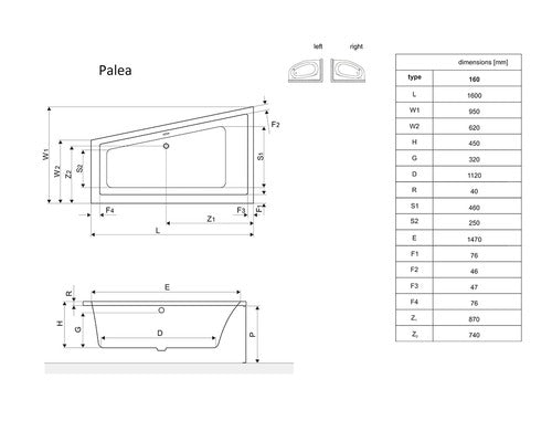 Cada de Baie Asimetrica pe Colt Radaway Palea,160x95x45 cm, Colt Stanga, Acril, Alb, WA1-47-160x095L
