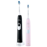 Set de 2 periute electrice sonice Philips Sonicare HX6232/41, 62000 miscari/minut, 1 mod de curatare, SmarTimer, Quadpacer, 2 capete de periere, Negru/Roz pastel